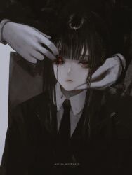Rule 34 | 1girl, 1other, aoi ogata, artist name, black hair, black jacket, black necktie, black sclera, clip studio paint (medium), closed mouth, collared shirt, colored sclera, gloves, glowing, glowing eye, highres, jacket, long hair, long sleeves, looking at viewer, necktie, one eye closed, original, red eyes, shirt, solo focus, white gloves, white shirt
