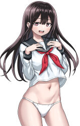 1girl absurdres bikini bikini_under_clothes black_hair black_sailor_collar breasts brown_eyes commentary_request contrapposto hands_on_own_chest highres long_hair long_sleeves navel neckerchief original partial_commentary red_neckerchief sailor_collar sailor_shirt school_uniform serafuku shirt simple_background smile solo swimsuit tuskryo upper_body white_background white_bikini white_shirt