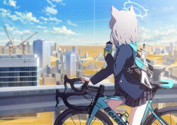 1girl animal_ears assault_rifle bicycle black_skirt blue_archive blue_halo blue_jacket blue_scarf bottle cross_hair_ornament desert extra_ears game_cg gloves green_gloves grey_hair gun hair_ornament halo highres holding holding_bottle holding_gun holding_weapon jacket non-web_source official_art plaid_clothes plaid_skirt riding riding_bicycle rifle scarf shiroko_(blue_archive) single_glove skirt solo water_bottle weapon wolf_ears wolf_girl