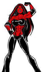 alternate_muscle_size black_gloves black_hair black_hat gloves hat highres muscular muscular_female non-web_source red_she-hulk