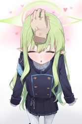 1girl 1other amano_kokoko armband arms_at_sides black_skirt blue_archive blue_armband blush buttons chestnut_mouth closed_eyes commentary cowboy_shot disembodied_hand double-breasted facing_viewer from_above gloves green_hair green_halo halo hand_on_another&#039;s_head headpat heart highres hikari_(blue_archive) long_hair long_sleeves miniskirt pantyhose parted_lips pleated_skirt pointy_ears pov pov_hands simple_background skirt solo_focus sparkle straight-on symbol-only_commentary variant_set whistle white_background white_gloves white_pantyhose