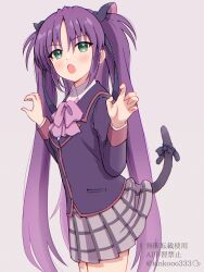 Rule 34 | 1girl, :o, animal ears, black bow, black jacket, black ribbon, blush, bow, cat ears, cat tail, claw pose, commentary, cowboy shot, eyes visible through hair, fake animal ears, fake tail, fang, green eyes, grey background, grey skirt, hair between eyes, hair bow, hair ribbon, hands up, highres, jacket, lace, lace-trimmed ribbon, lace trim, little busters!, little busters! school uniform, long hair, long sleeves, looking at viewer, miniskirt, open mouth, pink bow, piyo (kinkooo333), plaid clothes, plaid skirt, pleated skirt, purple hair, ribbon, sasasegawa sasami, school uniform, simple background, skirt, solo, straight hair, tail, tail bow, tail ornament, tail raised, twitter username, two side up, very long hair, w arms