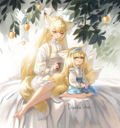 2girls absurdres animal_ear_fluff animal_ears arknights bag barefoot blonde_hair blue_hairband blue_skirt blush child closed_eyes dankashu dress fox_ears fox_girl fox_tail green_eyes hair_brush hairband highres holding holding_bag holding_hair_brush long_hair looking_at_another mother_and_daughter multiple_girls multiple_tails open_mouth parted_lips purple_bag shirt skirt suzuran_(arknights) tail teeth upper_teeth_only vulpisfoglia_(arknights) white_dress white_shirt
