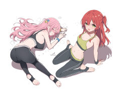 2girls absurdres arm_support artist_name ass bare_shoulders barefoot black_pants black_sports_bra blush bocchi_the_rock! breasts butt_crack cameltoe closed_eyes collarbone commentary covered_erect_nipples cube_hair_ornament feet from_above gotoh_hitori green_eyes green_sports_bra hair_between_eyes hair_ornament highres kita_ikuyo long_hair looking_at_viewer looking_up midriff minusk9 multiple_girls navel no_shoes nose_blush one_side_up open_mouth pants pink_hair red_hair sideboob simple_background sitting small_breasts smile soles sports_bra sportswear stirrup_legwear strap_gap sweat tight_clothes tight_pants toeless_legwear toes wariza white_background workout_clothes wristband yoga_pants