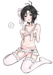 1girl absurdres aburi-gatana antenna_hair black_hair blush breasts collarbone covering_breasts covering_privates full_body garter_belt highres idolmaster idolmaster_(classic) kikuchi_makoto loose_hair_strand navel open_mouth panties pink_panties short_hair simple_background sitting solo spoken_blush tears thighhighs underwear underwear_only white_background white_thighhighs