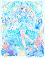 1girl :d absurdres blue_bow blue_eyes blurry bokeh bow bubble clownfish commentary coral cup depth_of_field donut dress drink drinking_straw fish food frilled_dress frilled_thigh_strap frills full_body gem high_heels highres hime_lolita hiyoko_miya jellyfish_earrings layered_dress leg_up lolita_fashion long_hair looking_at_viewer marine_day nail_polish open_mouth original seahorse smile solo standing standing_on_one_leg thigh_strap tropical_fish two_side_up very_long_hair wavy_hair whipped_cream white_hair