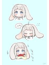 1girl :c animal_ears apple apple_rabbit apple_slice blush coro_(corota_5656) cropped_torso eating flying_sweatdrops food food_art fruit gakuen_idolmaster grey_hair highres holding holding_food holding_fruit hood hoodie idolmaster katsuragi_lilja kemonomimi_mode lop_rabbit_ears multiple_views rabbit_ears short_hair simple_background sneezing speech_bubble upper_body white_hoodie