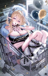 1girl absurdres alternate_costume azur_lane balloon blonde_hair blush breasts cleavage confetti full_body gouden_leeuw_(azur_lane) highres holding jewelry large_breasts long_hair looking_at_viewer necklace open_mouth pointy_ears purple_eyes shopping_cart sitting solo stomach tansuan_(ensj3875)