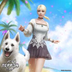 1girl beach bird blonde_hair blue_eyes capcom collar demento dog fiona_belli flying gem happy hewie highres kuroiwa_enu ocean official_art open_mouth palm_tree ponytail skirt smile tail teeth teppen tongue tree wings