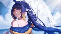 1girl bare_shoulders blue_hair blunt_bangs closed_eyes coat facing_viewer floating_hair flower from_behind gradient_hair hair_flower hair_ornament hair_ribbon highres holding holding_umbrella hololive hololive_english long_hair mole mole_under_eye multicolored_hair ninomae_ina&#039;nis off_shoulder orange_hair outdoors pointy_ears purple_hair raincoat ribbon smile solo spaghetti_strap teeth tentacle_hair two-sided_coat two-sided_fabric umbrella very_long_hair violet_(ninomae_ina&#039;nis) virtual_youtuber white_ribbon yeerasuto yellow_coat