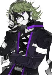 Rule 34 | 1boy, bags under eyes, bandaged chest, bandaged hand, bandaged neck, bandages, belt, black coat, coat, corrupted twitter file, ear piercing, elbow rest, face piercing, facial mark, green hair, hand up, highres, male focus, master detective archives: rain code, mdzzmimimi, multicolored hair, parted lips, piercing, purple eyes, short hair, solo, streaked hair, upper body, vivia twilight, white background