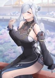 1girl absurdres arano_(waikuni11) bare_shoulders black_dress black_sleeves blue_nails breasts cleavage commentary_request detached_sleeves dress earrings eyes_visible_through_hair fingernails genshin_impact grey_eyes grey_hair hair_over_one_eye hand_up highres jewelry large_breasts long_hair long_sleeves nail_polish official_alternate_costume parted_lips see-through_cleavage see-through_clothes shenhe_(frostflower_dew)_(genshin_impact) shenhe_(genshin_impact) sideboob signature sitting sleeveless sleeveless_dress smile solo tassel tassel_earrings twitter_username very_long_hair