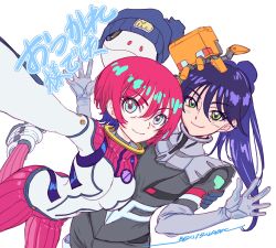 Rule 34 | 2girls, amate yuzuriha, aqua eyes, beanie, black bodysuit, black hat, bodysuit, breasts, closed mouth, commentary request, conch (gundam), green eyes, gundam, gundam gquuuuuux, hair between eyes, haro, hat, highres, large breasts, long hair, looking at viewer, mecha pilot suit, multiple girls, non-humanoid robot, normal suit (gundam), nyaan (gundam gquuuuuux), on head, outstretched arm, pom pom (clothes), pom pom beanie, ponytail, purple eyes, purple hair, red bodysuit, red hair, robot, signature, simple background, skin tight, smile, spacesuit, translation request, two-tone bodysuit, white background, white bodysuit, yonemura kouichirou