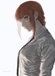 1girl absurdres backlighting braid chainsaw_man closed_mouth collared_shirt eyelashes highres looking_at_viewer makima_(chainsaw_man) necktie plytometo ringed_eyes shirt simple_background solo upper_body white_background white_shirt