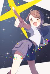 1girl :d blush breast_pocket brown_eyes brown_hair clenched_hand collared_shirt commentary_request happy juliana_(pokemon) necktie nintendo open_mouth pocket pointing pokemon pokemon_sv purple_necktie purple_shorts school_uniform shirt short_sleeves shorts smile solo sparkle suimoku_(hzdg5322) tongue