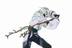 aqua_eyes black_gloves black_pants bodysuit branch cowboy_shot cropped_jacket diving_suit fighting_stance final_fantasy final_fantasy_vii final_fantasy_vii_ever_crisis gloves glowing glowing_eyes grey_hair hair_between_eyes hnsk_013 holding holding_branch jacket official_alternate_costume pants sephiroth sephiroth_(ever_crisis) sephiroth_(natant_jacket) short_hair sketch twitter_username wetsuit white_background white_jacket