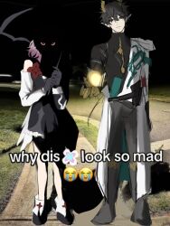 Rule 34 | 1boy, 1girl, bare shoulders, black boots, black dress, black gloves, black hair, black shirt, black sky, boots, chinese clothes, closed mouth, clothing cutout, coat, commentary, crying emoji, dan heng (honkai: star rail), dragon boy, dragon girl, dress, emoji, english commentary, english text, evernight (honkai: star rail), eyeliner, flower ornament, frills, full body, gauntlets, gloves, grass, green eyes, grey boots, grey pants, hair between eyes, hand up, highres, holding, holding umbrella, honkai: star rail, honkai (series), long sleeves, looking at viewer, magic, makeup, march 7th (honkai: star rail), meme, night, night sky, official alternate costume, outdoors, pants, pink hair, pointy ears, puffy long sleeves, puffy sleeves, red eyeliner, red eyes, shadow, shirt, short hair, shoulder cutout, sky, standing, two-tone dress, umbrella, weewee wendy, white coat, white dress, why dis ninja look so mad (meme)