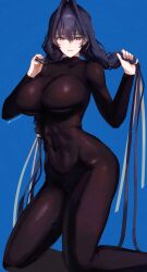 1girl absurdres black_bodysuit black_hair blue_background blue_eyes bodysuit braid breasts covered_abs erasorpepero hair_ribbon hat highres hololive hololive_english huge_breasts large_breasts long_hair low_twin_braids ouro_kronii ribbon solo toned toned_female twin_braids virtual_youtuber white_ribbon