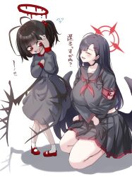 2girls ^_^ age_regression aged_down antenna_hair armband bags_under_eyes bare_legs beads black_choker black_dress black_gloves black_hair black_serafuku black_wings blue_archive blunt_bangs blush breasts child choker closed_eyes commentary_request dress feathered_wings flying_sweatdrops full_body gloves hair_beads hair_ornament highres ichika_(blue_archive) komena_(shinyday312) large_breasts long_hair long_sleeves midriff multiple_girls nervous_smile nervous_sweating one_side_up pleated_skirt red_armband red_eyes red_shoes school_uniform serafuku shoes shy skirt smile socks squatting straight_hair sweat translation_request tsurugi_(blue_archive) very_long_hair white_socks wings