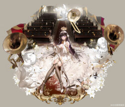 1girl absurdres black_hair black_thighhighs bouquet breasts bridal_gauntlets bridal_veil candle cherub chinese_commentary church cleavage colored_inner_hair crown damingshimingyan detached_collar dress flower girls&#039;_frontline girls&#039;_frontline_neural_cloud high_heels highres holding holding_microphone_stand instrument jewelry microphone microphone_stand multicolored_hair nanaka_(graceful_melody)_(neural_cloud) nanaka_(neural_cloud) official_alternate_costume official_art pew purple_hair ring shoes single_bridal_gauntlet solo thighhighs trumpet veil watermark wedding wedding_dress wedding_ring weibo_username weibo_watermark white_dress white_flower white_shoes