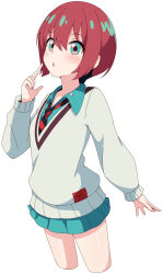 Rule 34 | 1girl, aikawa ryou, amate yuzuriha, blue eyes, blue shirt, blue skirt, blush, collared shirt, commentary request, cropped legs, diagonal-striped clothes, diagonal-striped necktie, finger to cheek, grey sweater, gundam, gundam gquuuuuux, hair between eyes, hand up, highres, long sleeves, looking at viewer, necktie, parted lips, pleated skirt, puffy long sleeves, puffy sleeves, red hair, shirt, short hair, simple background, skirt, solo, striped clothes, sweater, white background