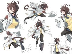 1girl agnes_tachyon_(umamusume) black_necktie black_pantyhose black_shirt boots breasts brown_hair closed_eyes coat collared_shirt cork high_heels highres lab_coat leg_up long_sleeves medium_breasts medium_hair multiple_views necktie open_clothes open_coat pantyhose parted_lips red_eyes shirt shiruko_(oshiruko) short_necktie simple_background sleeves_past_fingers sleeves_past_wrists smile sweater test_tube umamusume white_background white_boots white_coat wide_sleeves wolf_cut yellow_sweater