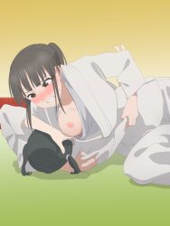 2girls accident black_hair blush breast_slip breasts brown_eyes clenched_teeth embarrassed highres hiura_towa indoors judo long_hair lying medium_breasts mou_ippon! multiple_girls nipples no_bra on_back on_floor one_breast_out parted_lips ponytail sarura shadow short_hair sweat teeth textless_version twintails wardrobe_malfunction