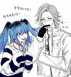 1boy 1girl amemiya_darumi aotsuki_eito black_bow black_gloves black_hair blue_eyes blue_hair bow collar ear_piercing glasses gloves grey_hair hands_up heart highres hood hoodie multicolored_hair piercing pink_eyes red_collar safety_pin shirt striped_clothes striped_shirt the_hundred_line_-last_defense_academy- the_hundred_line_last_defense_academy tongue tongue_out twintails upper_body white_background white_hoodie