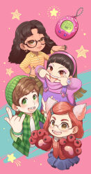 4girls abby_(turning_red) absurdres animification black_hair braces brown_eyes brown_hair dark-skinned_female dark_skin earrings glasses highres jewelry kiunchiku long_hair looking_at_viewer meilin_lee miriam_(turning_red) multiple_girls open_mouth overalls priya_(turning_red) purple_overalls red_garter_belt red_panda_ears red_panda_girl shirt short_hair smile turning_red
