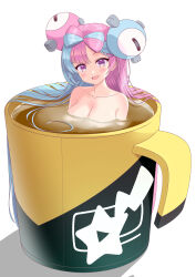 1girl :d absurdres bathing blue_hair bow-shaped_hair breasts character_hair_ornament collarbone commentary_request cup hair_ornament happy highres in_container in_cup iono_(pokemon) large_breasts long_hair looking_at_viewer mini_person minigirl mug multicolored_hair nintendo nude open_mouth pink_hair pokemon pokemon_sv purple_eyes simple_background smile solo ssaaggwwaa star_(symbol) star_print two-tone_hair water white_background