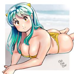1girl animal_print ass bikini breasts cleavage gold_bikini green_hair highres horns kenken28937178 large_breasts looking_at_viewer lum lying on_stomach oni solo swimsuit tiger_print urusei_yatsura yellow_bikini yellow_eyes