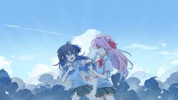 2girls absurdres aged_up ahoge antenna_hair black_skirt blue_bow blue_bowtie blue_eyes blue_hair blue_ribbon blue_sky blue_vest bow bowtie chihuo_pinpan cloud cloudy_sky double_bun eating fang food friends hair_between_eyes hair_bun hair_ribbon happy_sugar_life highres holding holding_food holding_popsicle koube_shio long_hair looking_at_another matsuzaka_satou multiple_girls open_mouth outdoors pink_eyes pink_hair popsicle red_bow red_bowtie red_ribbon ribbon school_uniform shirt skirt sky smile striped_clothes striped_skirt vertical-striped_clothes vertical-striped_skirt very_long_hair vest white_shirt