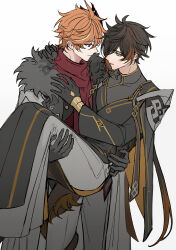 2boys black_coat black_fur black_gloves black_shirt blue_eyes brown_eyes cape carrying carrying_person chinese_commentary closed_mouth coat commentary_request eye_contact fur-trimmed_cape fur_trim genshin_impact gloves hand_on_another&#039;s_chest highres long_sleeves looking_at_another male_focus multiple_boys parted_bangs parted_lips princess_carry red_scarf scarf shirt simple_background standing tartaglia_(genshin_impact) udgg093577 white_background yaoi zhongli_(genshin_impact)