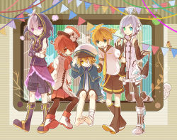 1girl 4boys :d :p ahoge androgynous animal animal_print antenna_hair aqua_eyes arm_warmers bandage_over_one_eye barefoot belt bird black_pants black_shorts blonde_hair blue_eyes blush boots bow bunting capelet closed_mouth crossed_arms detached_sleeves facial_mark flag flower_(vocaloid) flower_(vocaloid4) freckles fringe_trim frown fukase fume gloves glowing green_eyes hair_between_eyes hair_over_one_eye hand_on_another&#039;s_shoulder hand_on_headwear hat headphones headset heterochromia highres holding_own_tail hood hooded_jacket jacket james_(vocaloid) kagamine_len lace-up_boots leaning_forward leg_up long_sleeves looking_at_viewer microphone multiple_boys neck_ribbon necktie object_on_head oliver_(vocaloid) open_mouth overskirt pants pennant point_(vocaloid) ponytail pout purple_eyes purple_footwear purple_gloves purple_hair purple_skirt red_bow red_eyes red_hair red_ribbon red_skirt reverse_trap ribbon short_hair short_sleeves shorts silver_hair single_glove sitting skirt sleeveless smile soles standing standing_on_one_leg star_(symbol) string_of_flags striped_background suspenders tail tongue tongue_out top_hat usb utatane_piko v4x vertical_stripes vocaloid yanco yellow_eyes yellow_necktie