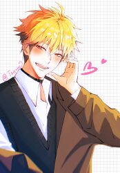 Rule 34 | 1boy, absurdres, ahoge, alternate costume, black choker, black hair, black sweater vest, blonde hair, blush, brown jacket, chinese commentary, choker, collared shirt, fangs, hair between eyes, half-heart hands, hand up, heart, highres, jacket, long sleeves, looking at viewer, male focus, multicolored hair, open mouth, orange eyes, shiguang dailiren, shirt, short hair, simple background, smile, solo, sweater vest, teeth, twitter username, two-tone hair, upper body, white background, white shirt, wx51077, xia fei, yellow eyes