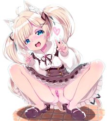 Rule 34 | 1girl, :d, absurdres, ahoge, animal ears, anus, blonde hair, blush, breasts, cat ears, cat tail, character request, copyright request, double v, female focus, frilled skirt, frills, full body, green eyes, hair ornament, hair ribbon, hairclip, hands up, heart, highres, long hair, long sleeves, looking at viewer, no panties, open mouth, puffy long sleeves, puffy sleeves, pussy, ribbon, shirt, shoes, simple background, skirt, smile, solo, spread legs, squatting, tail, tail ornament, tail ribbon, tatata, twintails, uncensored, underbust, v, white background, x hair ornament