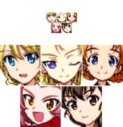 Rule 34 | 2ac5, 5girls, :d, ;), aqua eyes, assam (girls und panzer), bad id, bad pixiv id, blonde hair, brown eyes, brown hair, closed mouth, commentary request, darjeeling (girls und panzer), expressionless, girls und panzer, grey eyes, hair between eyes, inactive account, looking at viewer, multiple girls, one eye closed, open mouth, orange eyes, orange pekoe (girls und panzer), pink hair, pixel art, purple eyes, rosehip (girls und panzer), rukuriri (girls und panzer), short hair, smile, split mouth, yellow eyes