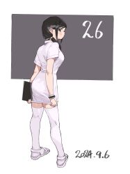 1girl absurdres black_hair breasts brown_eyes bukimi_isan closed_mouth dated dress dunant_pilse full_body grey_background highres long_hair looking_at_viewer looking_back low_twintails medium_breasts nurse shoes short_sleeves shy_(series) solo standing thighhighs twintails white_background white_dress white_shoes white_thighhighs wrist_cuffs