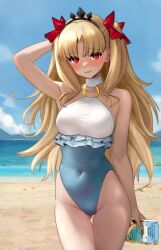 1girl absurdres bare_shoulders black_tiara blonde_hair blue_one-piece_swimsuit blush breasts ereshkigal_(fate) fate/grand_order fate_(series) frilled_one-piece_swimsuit frills grey_one-piece_swimsuit highleg highleg_one-piece_swimsuit highres long_hair looking_at_viewer medium_breasts o-ring o-ring_swimsuit one-piece_swimsuit parted_bangs raskasar red_eyes solo space_ereshkigal_(fate) space_ereshkigal_(first_ascension)_(fate) swimsuit tiara two-tone_one-piece_swimsuit two-tone_swimsuit two_side_up white_one-piece_swimsuit