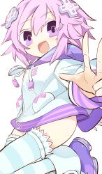Rule 34 | 1girl, absurdres, commentary request, d-pad, d-pad hair ornament, hair ornament, highres, hood, hooded track jacket, hoodie, jacket, neptune (neptunia), neptune (series), open mouth, orion (user cayz7348), purple eyes, purple hair, short hair, simple background, socks, solo, striped clothes, striped socks, striped thighhighs, thighhighs, track jacket, usb, white background