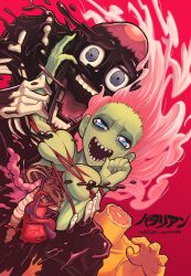 1girl 2boys blue_eyes breasts copyright_name gashi-gashi half-corpse_zombie headless heart_(organ) highres large_breasts looking_at_viewer monster_girl multiple_boys open_mouth pink_hair red_background return_of_the_living_dead ribs sharp_teeth spinal_cord sunken_cheeks tar_zombie teeth yellow_zombie zombie