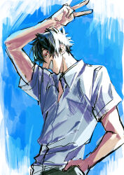 1boy absurdres black_hair blue_background from_side hand_in_pocket highres male_focus mogari_shishikuno phantom_busters red_eyes seishou shirt simple_background smile solo teeth v white_shirt