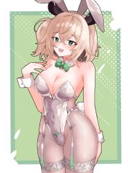 1girl :d absurdres animal_ears blush bow bowtie breasts brown_hair cleavage covered_navel crossed_bangs ddrawins detached_collar fake_animal_ears fang garter_straps green_background green_bow green_bowtie green_eyes hair_between_eyes highres indie_virtual_youtuber leotard long_hair looking_at_viewer medium_breasts nimi_nightmare open_mouth playboy_bunny rabbit_ears rabbit_tail side_ponytail skin_fang smile solo strapless strapless_leotard tail tapir_ears tapir_girl virtual_youtuber white_background white_leotard wrist_cuffs