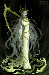 1girl absurdres afk_(series) afk_journey alekk2018 alternate_costume artist_name black_hair brooch cecia_(afk) dress full_body green_eyes harp highres instrument jewelry long_dress long_hair multicolored_hair pale_skin plant robe solo standing thorns tumblr_logo twitter_logo very_long_hair vine_print vines vkontakte_logo white_dress