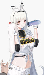 1girl absurdres baseball baseball_uniform blanc_(nikke) blanc_(no._77_batter)_(nikke) gloves goddess_of_victory:_nikke grey_hair highres holding labbri long_hair looking_at_viewer navel open_mouth pants shirt solo sportswear tied_shirt white_hair yellow_eyes