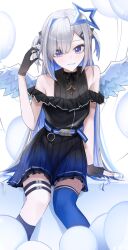 1girl amane_kanata amane_kanata_(work) angel angel_wings asymmetrical_bangs asymmetrical_legwear black_gloves blue_hair blue_socks blue_thighhighs colored_inner_hair dress feathered_wings gloves gradient_clothes gradient_dress gradient_wings grey_hair hair_ornament hairclip halo hololive kneehighs long_hair looking_at_viewer mini_wings multicolored_hair multicolored_wings official_alternate_costume official_alternate_hair_length official_alternate_hairstyle partially_fingerless_gloves purple_eyes single_hair_intake single_kneehigh single_sock single_thighhigh smile socks solo star_halo streaked_hair su901 thighhighs very_long_hair virtual_youtuber wings