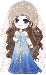 Rule 34 | 1girl, absurdres, beads, blue dress, blue eyes, bracelet, braid, circlet, deformed, diamond print, dress, earrings, eyelashes, gold armlet, gold bracelet, gold necklace, hair beads, hair ornament, hand on own stomach, happy, highres, infinity nikki, jewelry, light particles, long dress, moonlight oath (infinity nikki), necklace, nikki (series), open mouth, see-through clothes, see-through veil, sidelocks, simple background, smile, solo, standing, strapless, strapless dress, tareme, veil, white background, white veil, zhizhizhizhizhizong