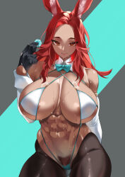 1girl abs absurdres animal_ears aqua_bow aqua_bowtie aqua_panties areola_slip black_gloves black_pantyhose bow bowtie bra breasts cameltoe closed_mouth commentary crotchless crotchless_pantyhose detached_collar detached_sleeves female_pubic_hair fukuinu gloves highres huge_breasts long_hair looking_at_viewer micro_bra navel nontraditional_playboy_bunny original panties pantyhose poker_chip pubic_hair pubic_hair_peek rabbit_ears rabbit_girl red_eyes red_hair solo stomach underwear white_bra