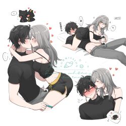 1boy 1girl animal_ears black_fur black_hair black_shirt black_shorts bulge cat cat_ears censored closed_eyes critter_pick_(honkai:_star_rail) crop_top dan_heng_(honkai:_star_rail) french_kiss grey_hair grey_pants highres honkai:_star_rail honkai_(series) kiss kyoki_(bakat) licking long_hair lying male_masturbation masturbation multiple_views pants shirt short_hair shorts stelle_(honkai:_star_rail) tongue tongue_out trailblazer_(honkai:_star_rail)