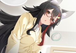 1girl absurdres alternate_costume animal_ear_fluff animal_ears bespectacled black_hair blush borumete breasts brown-framed_eyewear chestnut_mouth clock commentary_request double-parted_bangs flipped_hair glasses hair_between_eyes hair_ornament hairclip highres hololive indoors long_hair long_sleeves looking_at_viewer medium_breasts multicolored_hair ookami_mio open_mouth orange_eyes pajamas parted_lips red_hair shirt sidelocks solo spiked_hair streaked_hair upper_body virtual_youtuber wall_clock wolf_ears wolf_girl yellow_eyes yellow_pajamas yellow_shirt